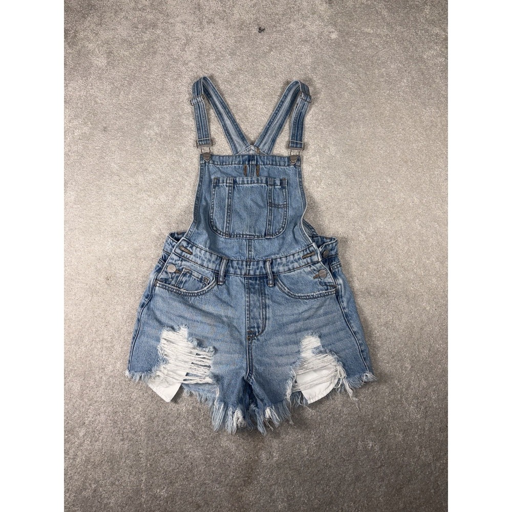 Risen Jeans Women's Lightwash Distressed Denim Short Overalls - S